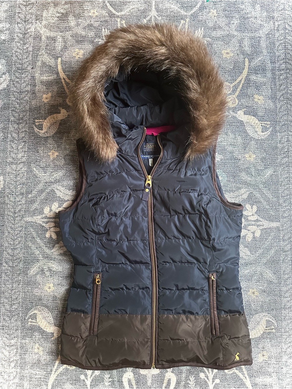 Joules Navy and Brown Quilted Puffer Vest with Faux Fur Hood Size 6